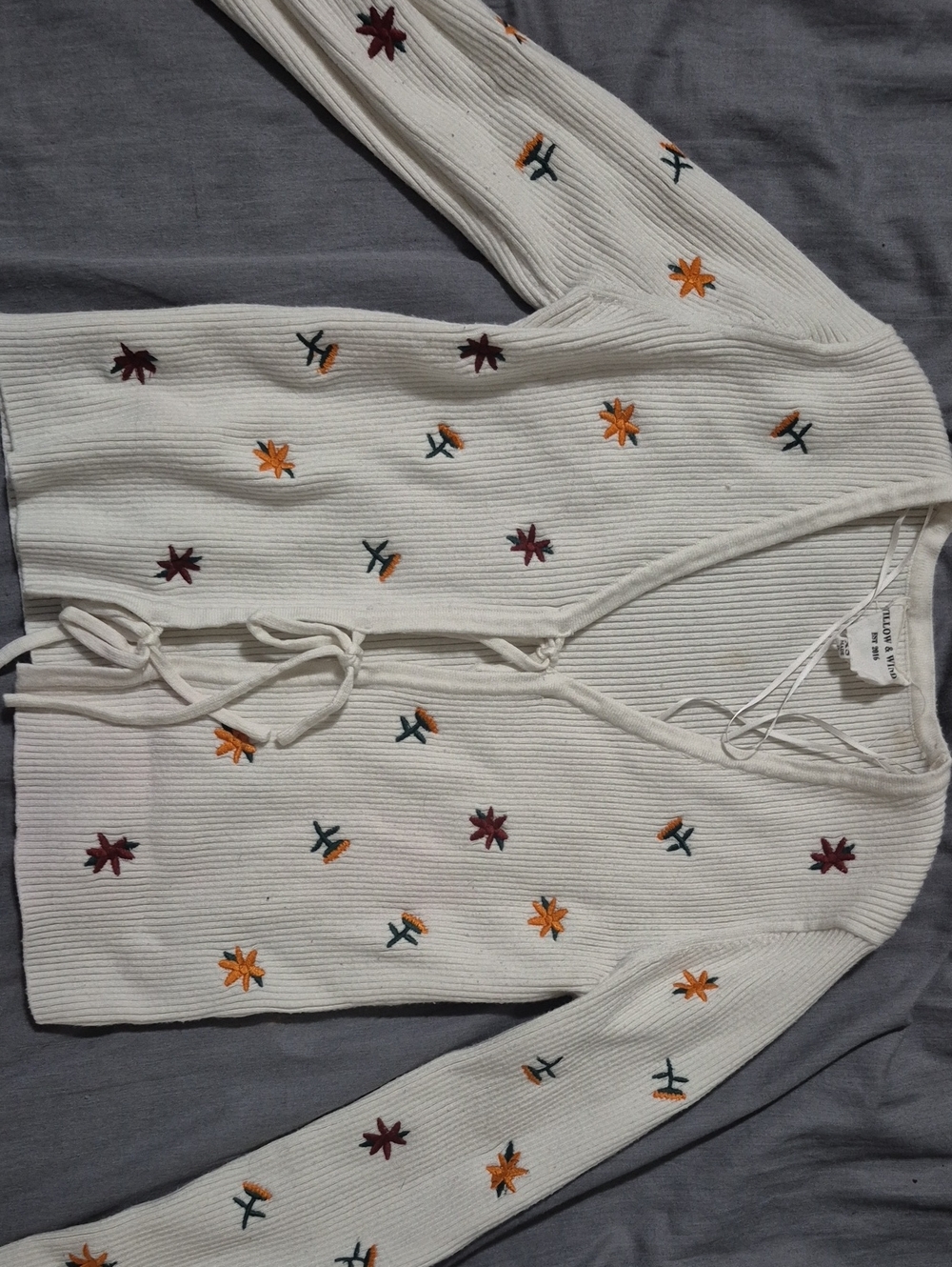 Cream Embroidered Tie-Waist Sweater Cardigan